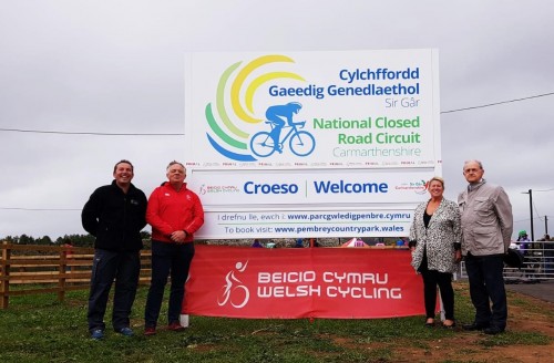Cllr Peter Hughes Griffiths, EBM for leisure, Cllr Shirley Mathews, local member for Pembrey, Nick Smith, Chair of Welsh Cycling and Neil Thomas, Pembrey Country Park, Senior Recreation Manager.