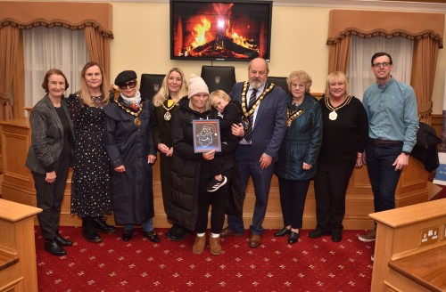 Image (left to right): Dame Nia Griffiths MP,  Chair of Llanelli BID - Lesley Richards Chair of Llanelli Rural Council – Cllr. Susan Phillips Consort of Mayor of Llanelli Town Council   Competition winner (infant category) Oakley and his mother  Mayor of Llanelli Town Council – Cllr. Nick Pearce Chair of Carmarthenshire County Council. Cllr. Louvain Roberts Consort of Chair of Carmarthenshire County Council Leader of Carmarthenshire County Council – Cllr. Darren Price